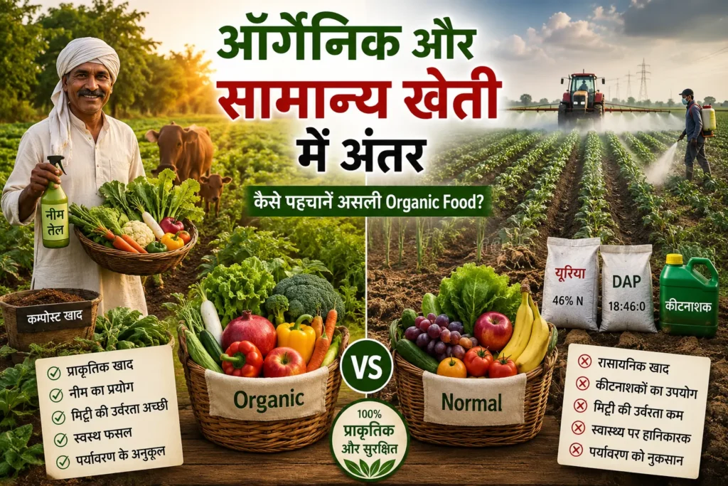 A realistic Indian farming scene showing the difference between organic farming and chemical farming side by side. On the left side, an Indian farmer in traditional clothes standing in a lush green organic farm with cows, compost, neem spray, fresh vegetables, natural sunlight, healthy soil, and eco-friendly environment. On the right side, a modern chemical farming field with pesticide spraying, chemical fertilizer bags, dry soil patches, and artificial-looking crops. In the center, baskets of fruits and vegetables labeled “Organic” and “Normal”. Include an Indian rural background, realistic details, vibrant colors, cinematic lighting, ultra HD, highly detailed, educational infographic style, suitable for a Hindi agriculture blog banner. Optional Text Overlay for Thumbnail: “ऑर्गेनिक और सामान्य खेती में अंतर” “कैसे पहचानें असली Organic Food?”